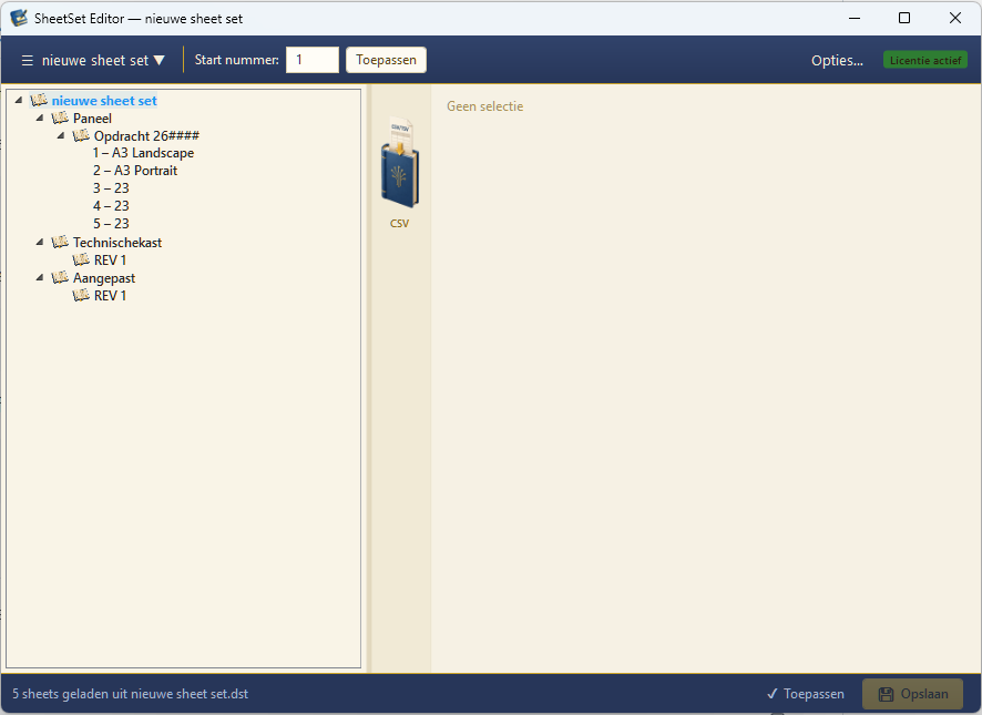 Sheet Set Editor — hoofdvenster met boomstructuur, subsets en sheets.